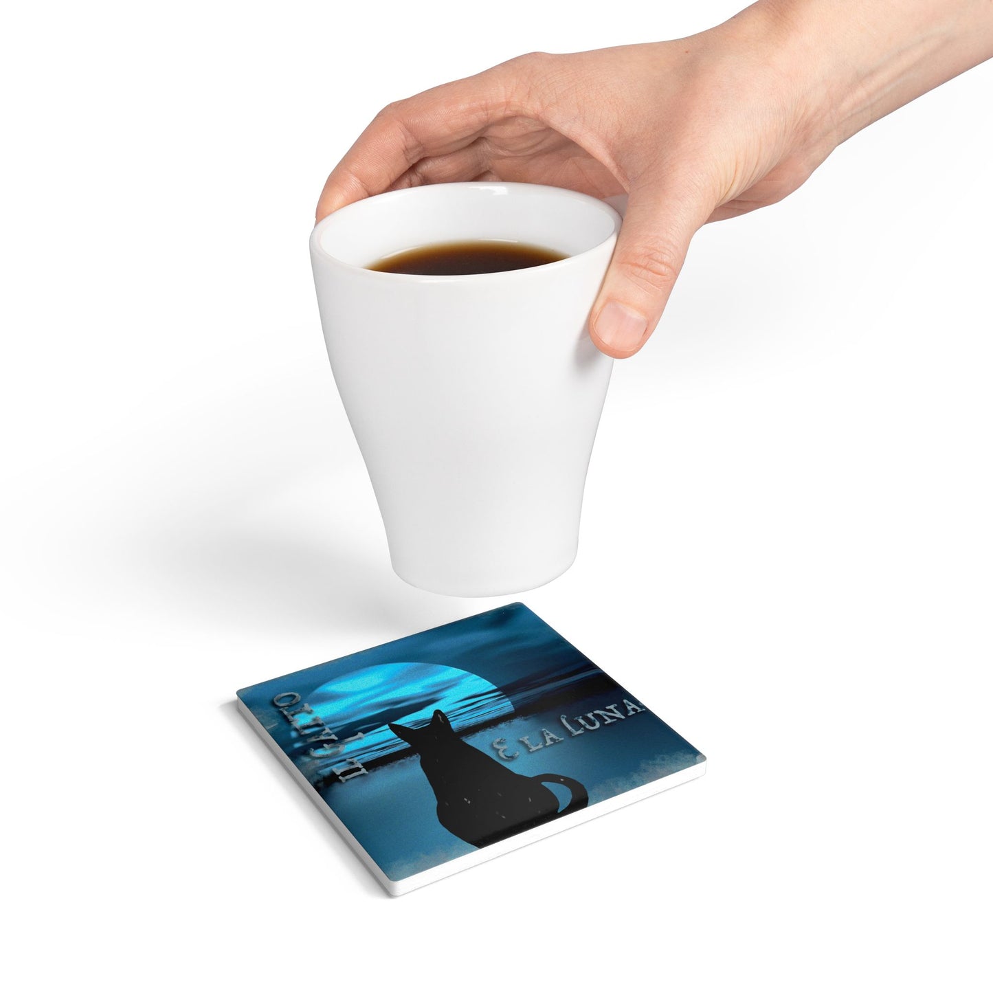 Moonlit Cat Ceramic Coaster, Night Decor, Cat Lover Gift, Home Bar Essential, Cat-Themed Coasters, Unique Gift for Cat Owners